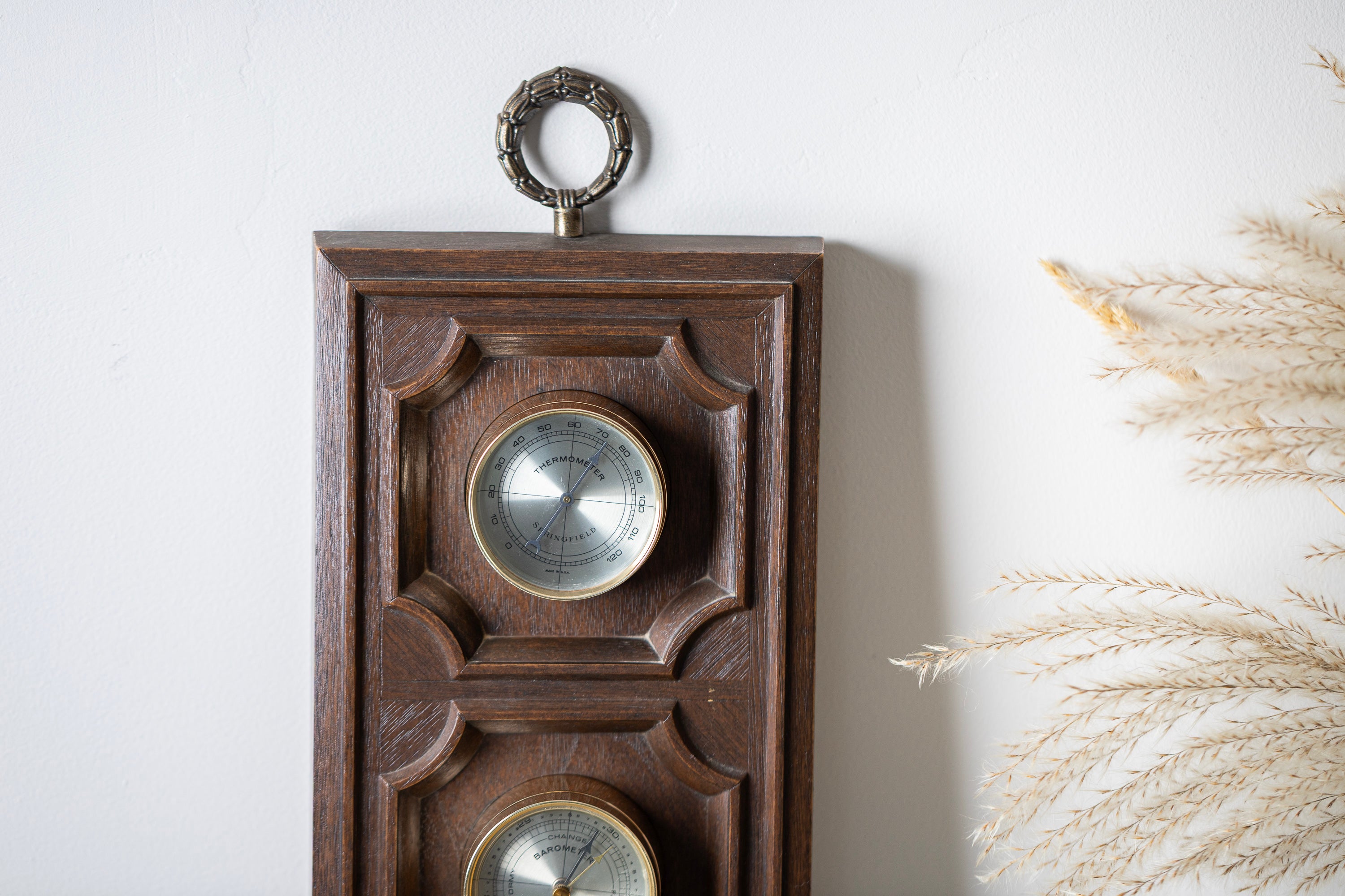 Vintage mid century weather station with carved wood frame ready to hang