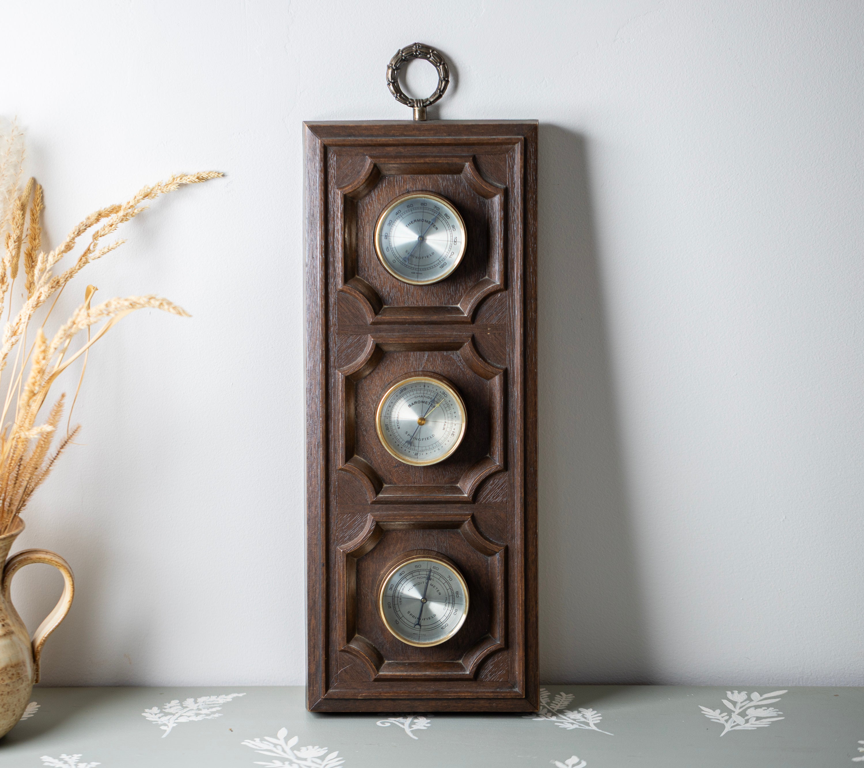 Vintage wooden weather station with barometer thermometer and hygrometer in carved mid century frame