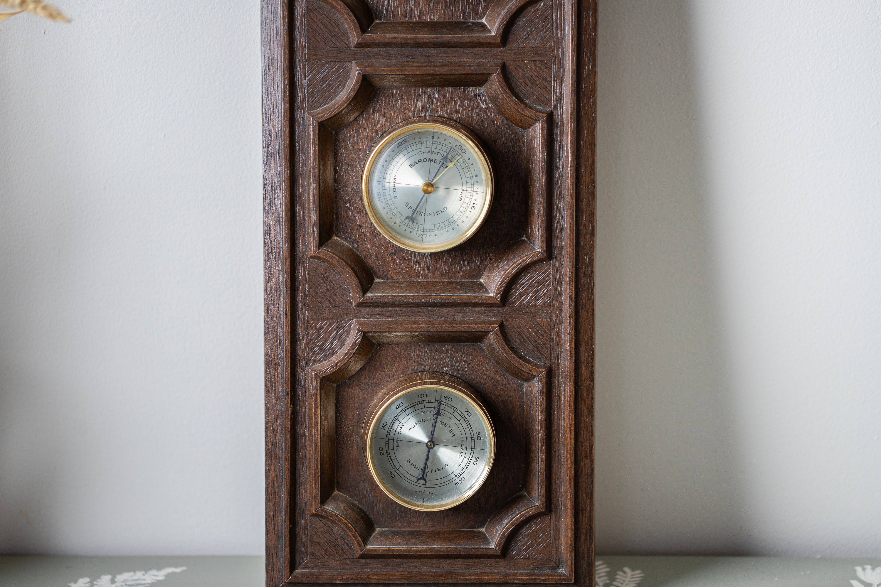 Springfield vintage weather station wall hanging made of warm toned wood