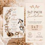 A rustic western-themed 5x7 inch wedding invitation card set displayed on a styled beige background with dried flowers and lace. The left side shows the front of the invitation with floral wreath artwork, a horse illustration, and event details.
