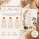 Promotional graphic for a customizable wedding invitation template, showing a printed sample card with floral and horse artwork on a beige textured background with dried flowers and a wooden spoon. Text reads 'EDIT, DOWNLOAD & PRINT In Minutes!' and includes step icons and a badge saying 'Editable Template in Canva'.