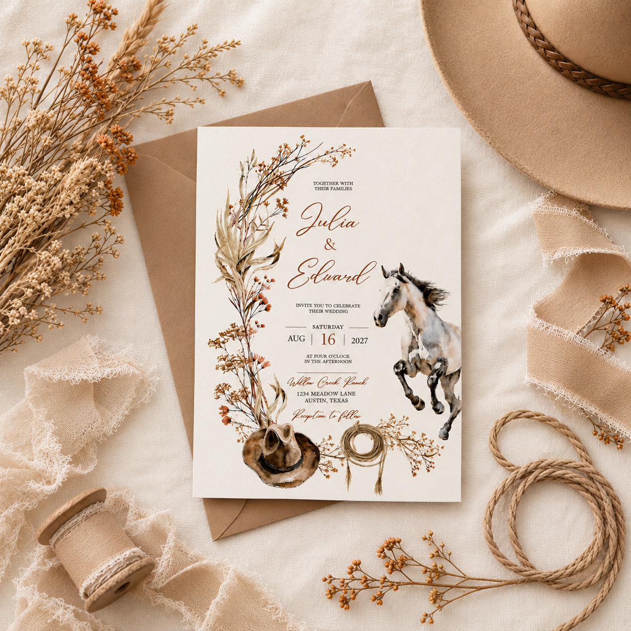 A rustic western-themed wedding invitation card with floral watercolor illustrations, a horse, and a cowboy hat, styled on a cream fabric with a brown envelope, dried flowers, lace, rope, and a tan hat.