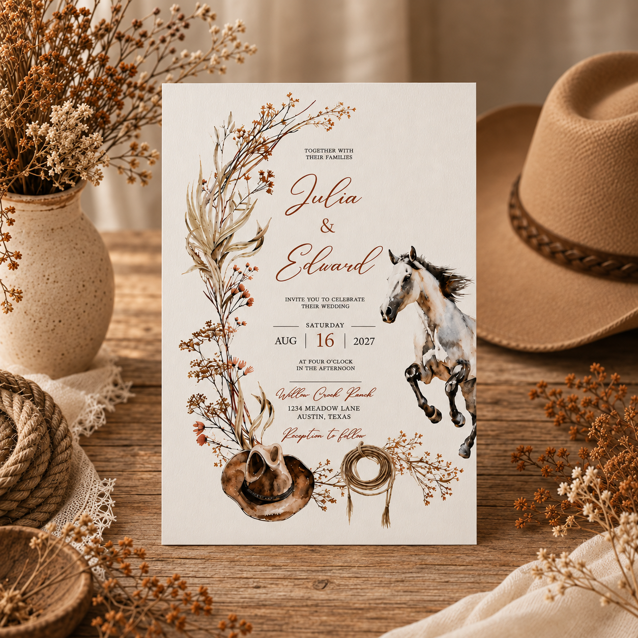 A rustic wedding invitation card styled on a wooden table with dried flowers, a straw hat, rope, and a small basket. The card features watercolor floral elements, a cowboy hat, a rope coil, and a jumping horse, with the names Julia & Edward and the date Aug 16, 2027.