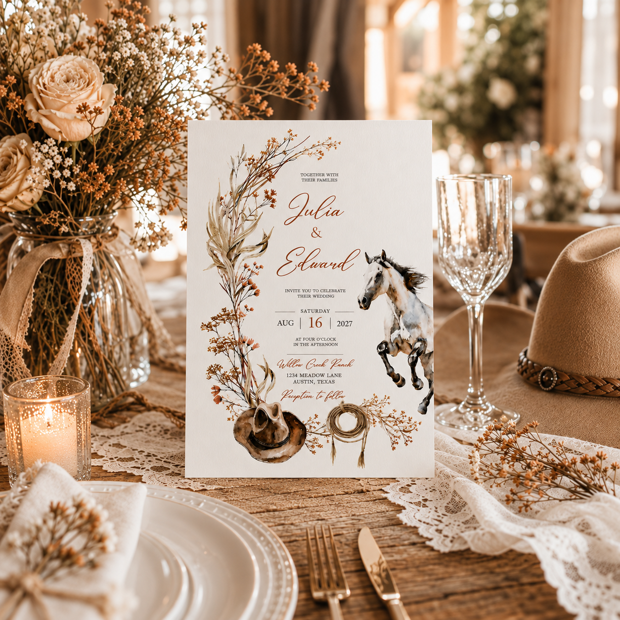 A rustic wedding invitation card featuring watercolor floral illustrations, a horse, and cowboy hat motifs, styled on a wooden table with plates, a candle, dried flowers, and a hat in a warm, decorated event setting.