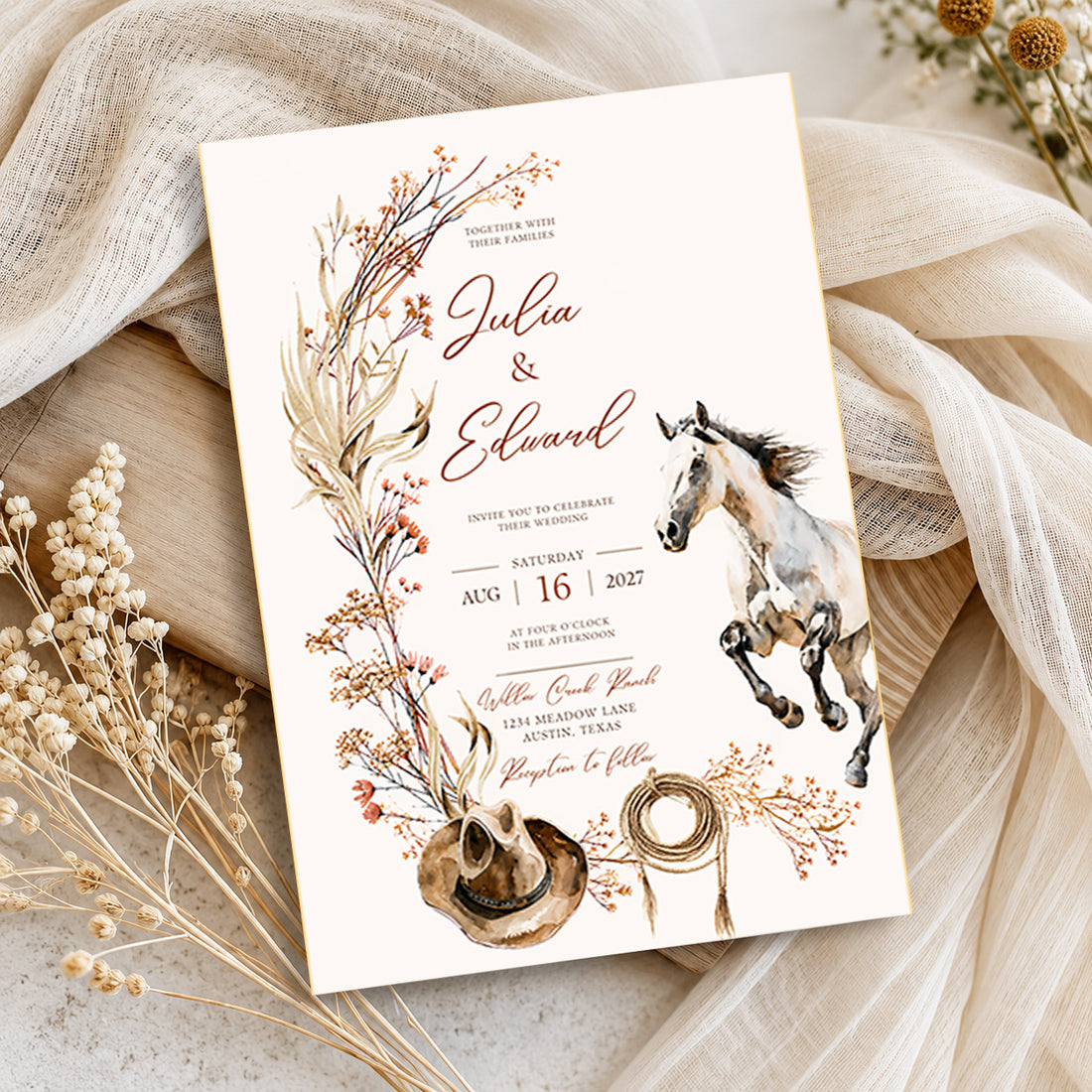 Western Horse Wedding Invitation Template – Editable in Canva