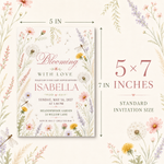 Wildflower baby shower invitation size guide showing a card measuring 5 inches wide by 7 inches tall.