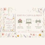Canva invitation instructions: receive your template link, edit your details, then download to print or send digitally.