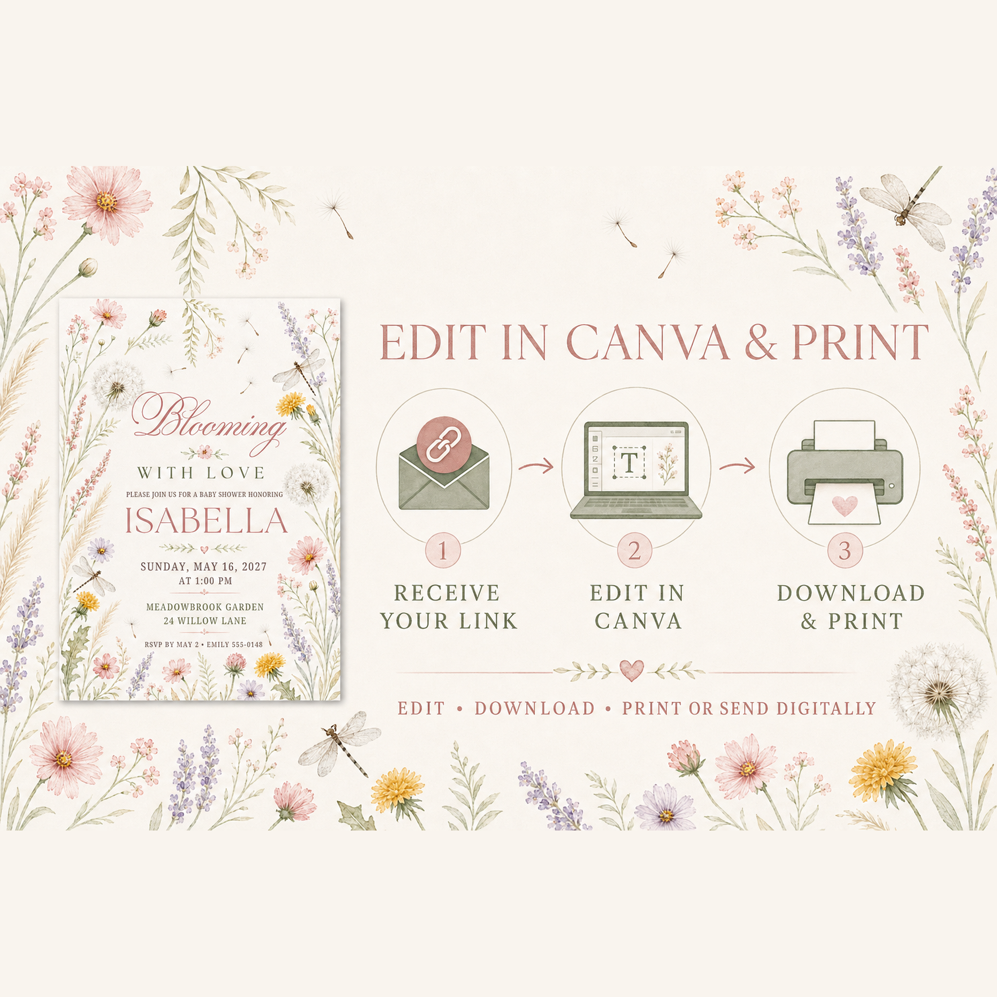 Canva invitation instructions: receive your template link, edit your details, then download to print or send digitally.