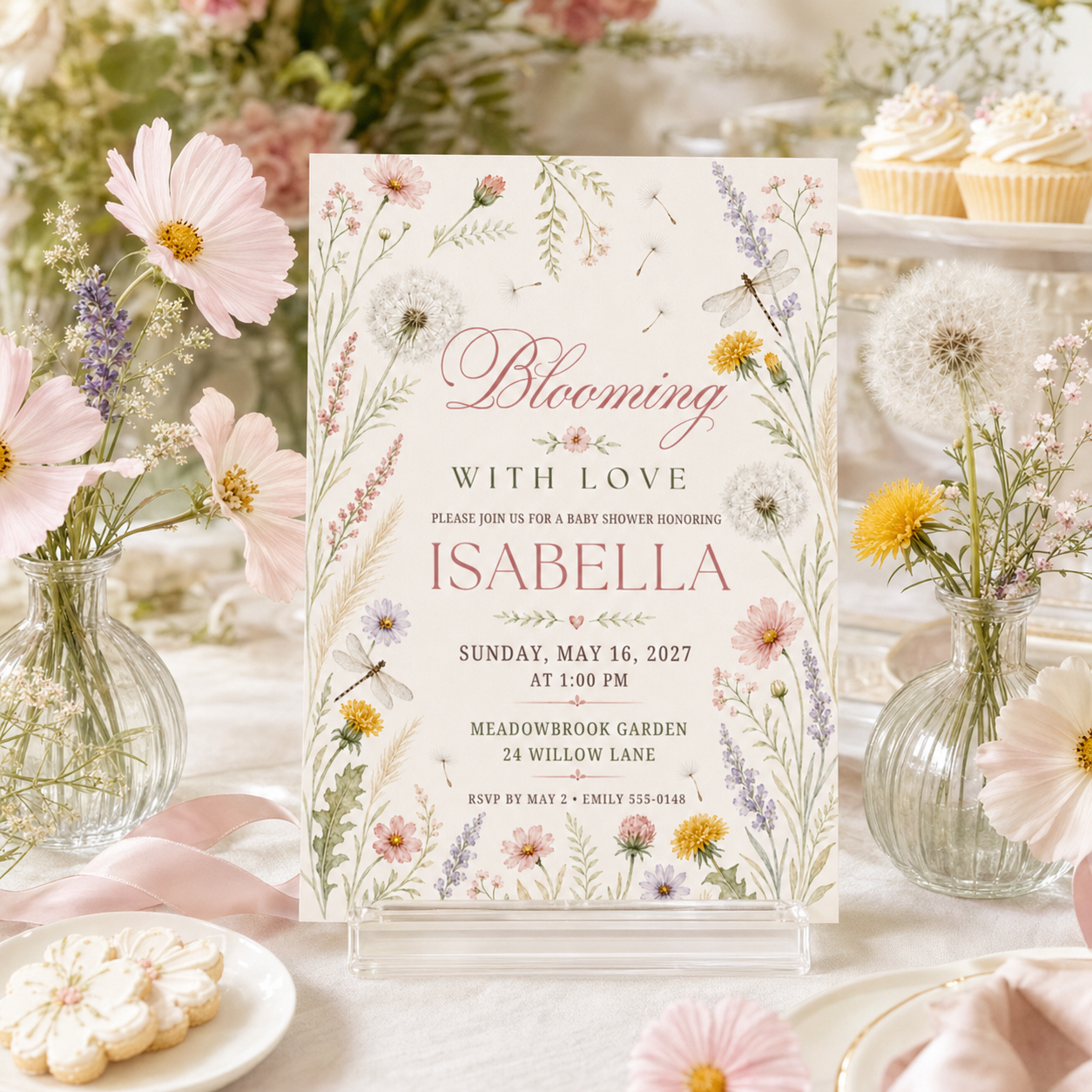 Blooming With Love floral baby shower invitation displayed on a party table with flowers and cupcakes.