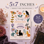 A 5x7 inch birthday party invitation card with a whimsical autumn and nature illustration design, shown on a styled flat-lay background with dried flowers, a candle, and a journal. The card features a black raven, a butterfly, a black cat, pumpkins, and colorful flowers.