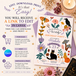 A promotional graphic for a customizable witch-themed birthday invitation template. The design shows a printed invitation card with autumn illustrations (butterfly, owl, pumpkin, flowers) and a purple envelope, alongside step-by-step instructions for purchasing, editing in Canva, and downloading/printing.