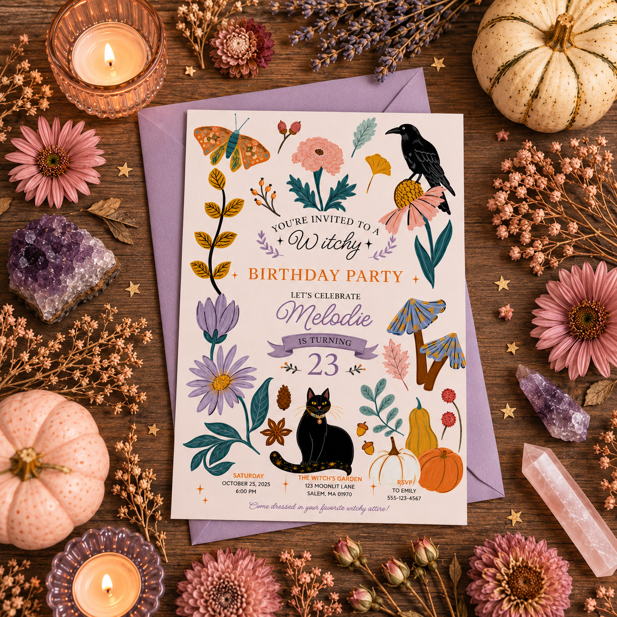 A flat-lay of a witch-themed birthday party invitation card with a lavender envelope, surrounded by autumn and witch motifs including a black cat, mushrooms, a raven, pumpkins, dried flowers, crystals, and candles on a wooden surface.