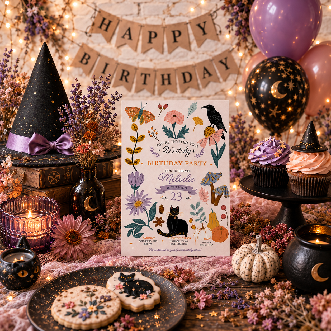 A styled Halloween birthday party scene with a central invitation card reading 'Happy Birthday Michelle' surrounded by candles, a witch hat, cupcakes, balloons, flowers, and a 'HAPPY BIRTHDAY' banner.