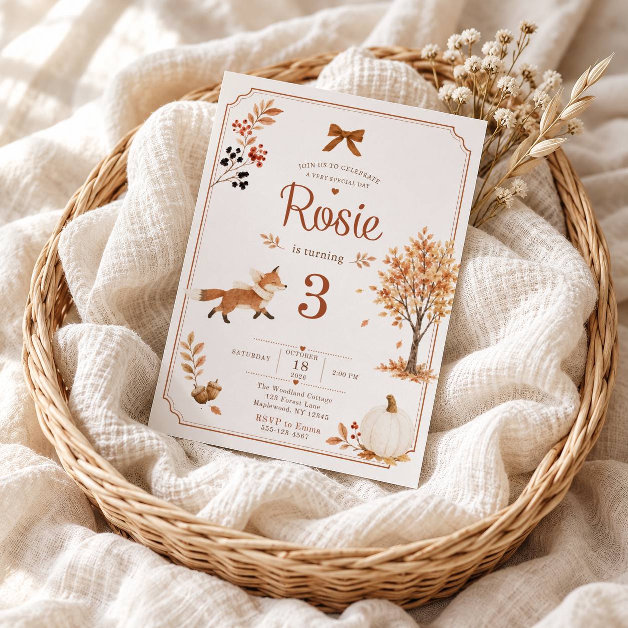 Fall Fox birthday invitation displayed in a cozy basket with autumn décor