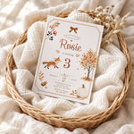 Fall Fox birthday invitation displayed in a cozy basket with autumn décor