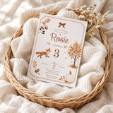 Fall Fox birthday invitation displayed in a cozy basket with autumn décor