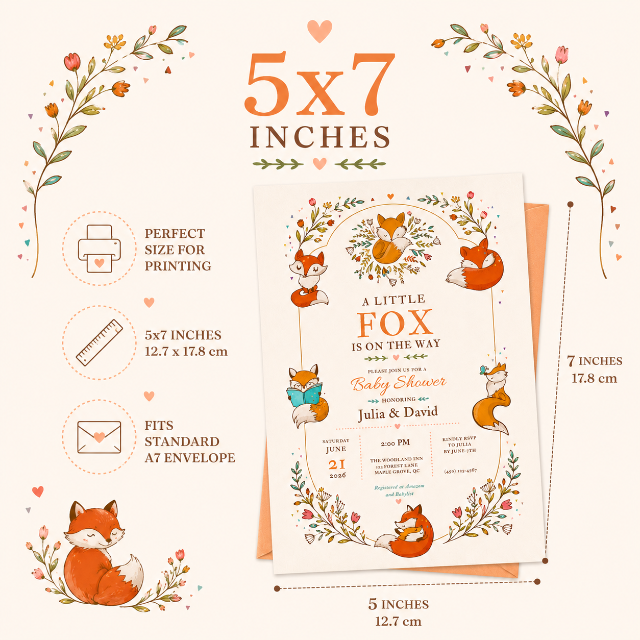 Woodland fox baby shower invitation size guide showing a card measuring 5 inches wide by 7 inches tall.