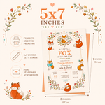 Woodland fox baby shower invitation size guide showing a card measuring 5 inches wide by 7 inches tall.