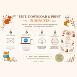 Canva template instructions: open your link, personalize the fox baby shower invitation, download, then print or send digitally.