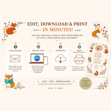 Canva template instructions: open your link, personalize the fox baby shower invitation, download, then print or send digitally.