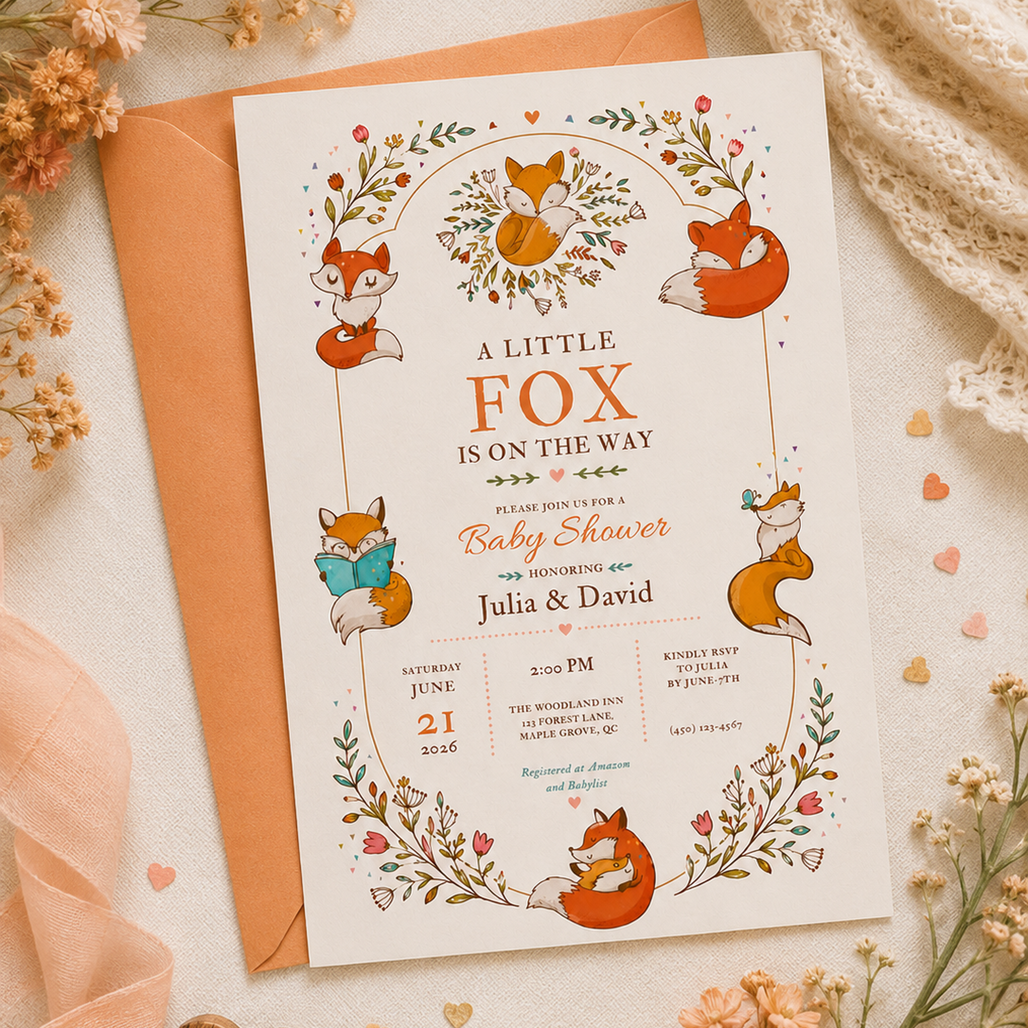 A Little Fox Is on the Way baby shower invitation with illustrated foxes and flowers, displayed on an orange envelope.