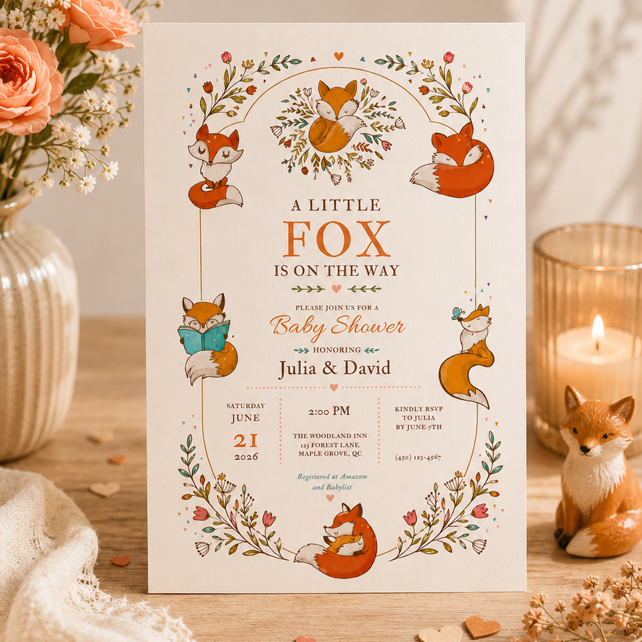Woodland fox baby shower invitation standing on a rustic table beside peach flowers, a candle and a fox figurine.
