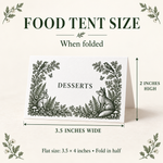 Woodland food tent size guide showing 3.5 inches wide by 2 inches high when folded, and 3.5 by 4 inches flat.
