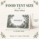 Woodland food tent size guide showing 3.5 inches wide by 2 inches high when folded, and 3.5 by 4 inches flat.