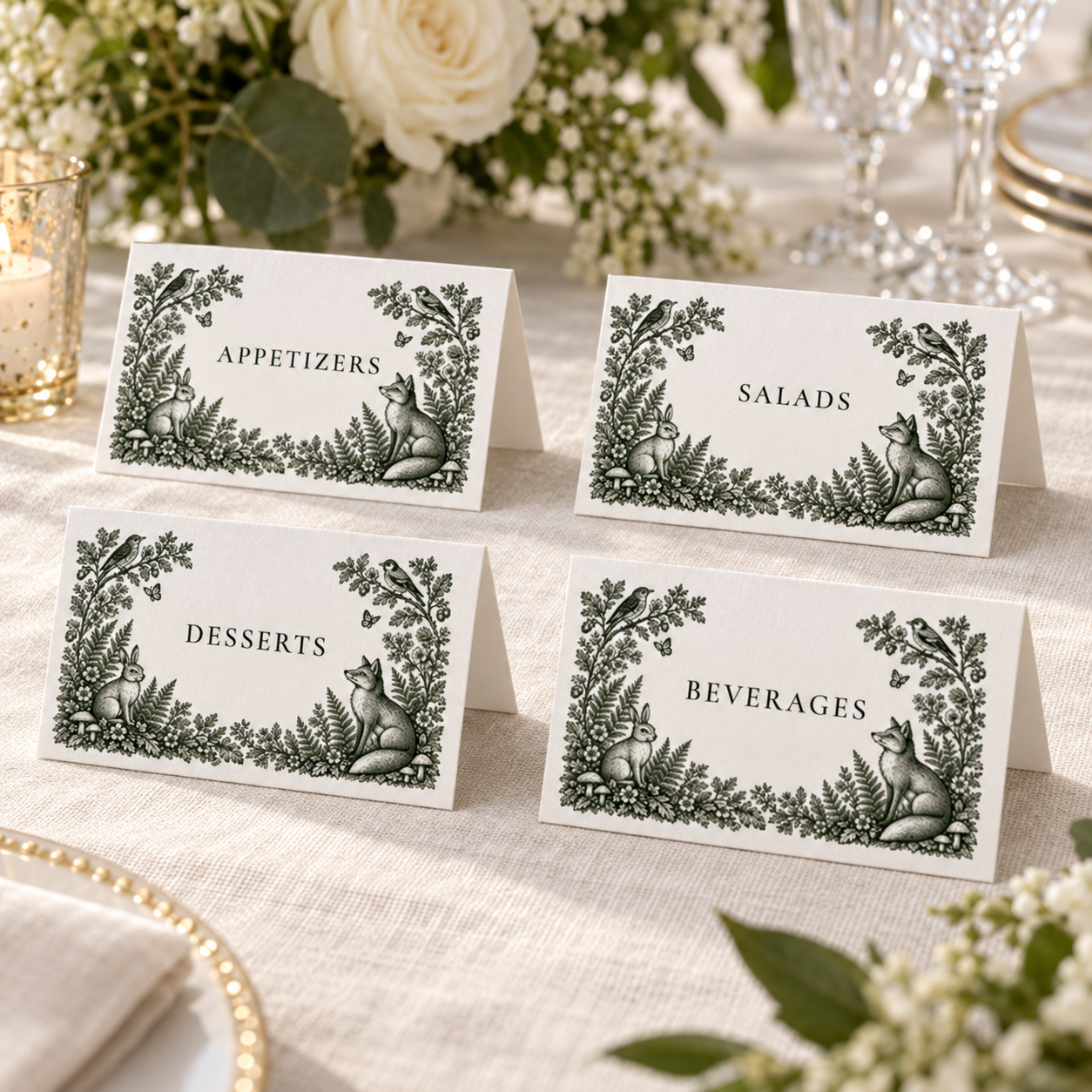 Four woodland wedding food tent cards labeled Appetizers, Salads, Desserts and Beverages on an ivory linen table.