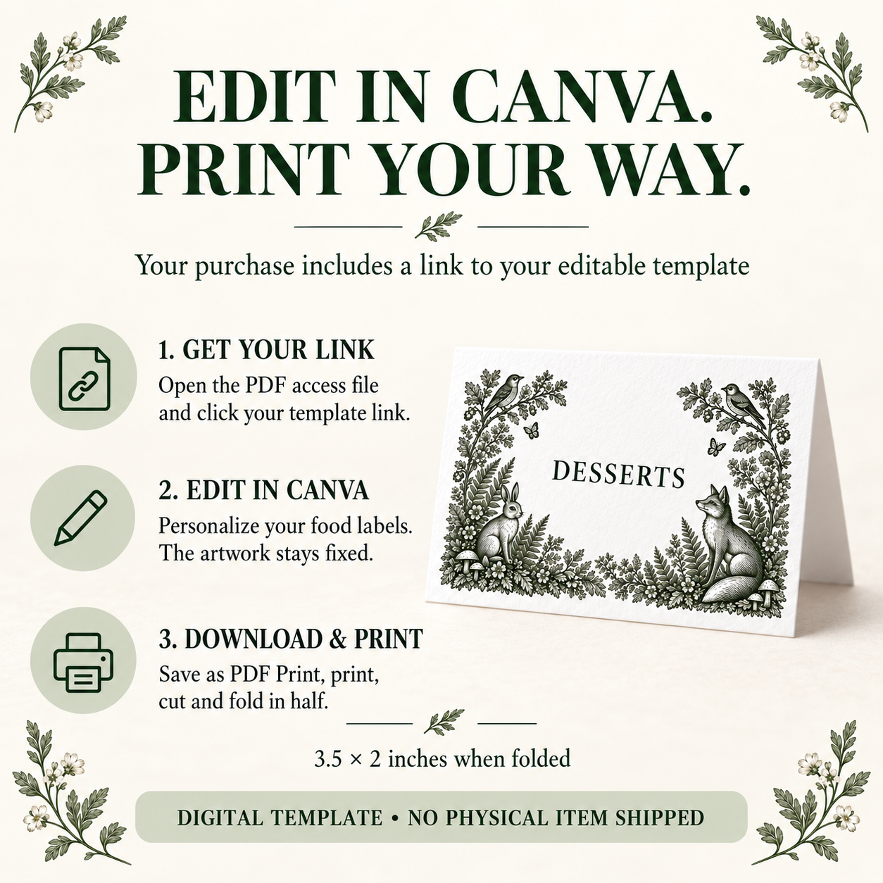 Instructions for opening the food tent template link, editing labels in Canva, then downloading, printing, cutting and folding.