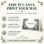Instructions for opening the food tent template link, editing labels in Canva, then downloading, printing, cutting and folding.