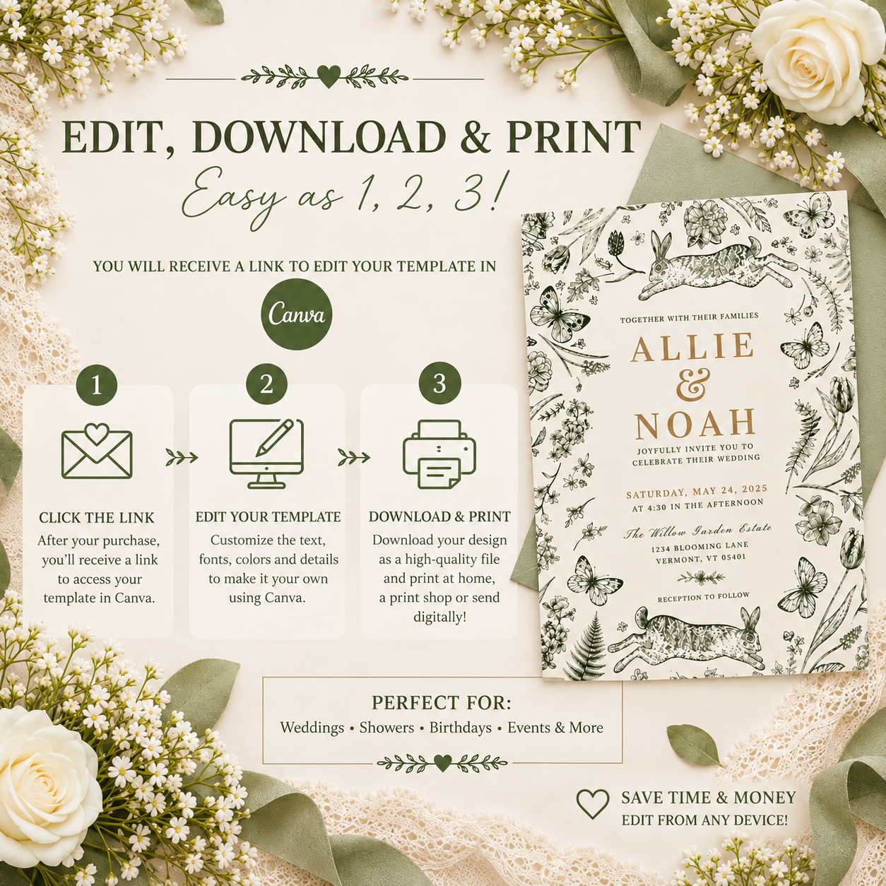 Promotional graphic for a customizable wedding invitation template, showing a floral and butterfly design preview on the right, with step-by-step editing instructions and Canva branding on the left over a beige background decorated with white roses and greenery.
