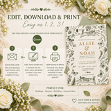 Promotional graphic for a customizable wedding invitation template, showing a floral and butterfly design preview on the right, with step-by-step editing instructions and Canva branding on the left over a beige background decorated with white roses and greenery.
