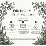 How it works: receive your template link, personalize the invitation in Canva, then download and print.