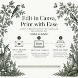 How it works: receive your template link, personalize the invitation in Canva, then download and print.