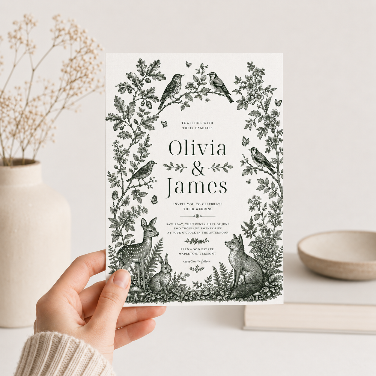 Hand holding a woodland wedding invitation featuring birds, a deer, rabbit and fox in a forest-green floral border.