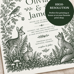 Close-up of a woodland wedding invitation with forest-green animal and botanical illustrations, featuring a high-resolution badge for home or print shop printing.