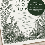 Close-up of a woodland wedding invitation with forest-green animal and botanical illustrations, featuring a high-resolution badge for home or print shop printing.