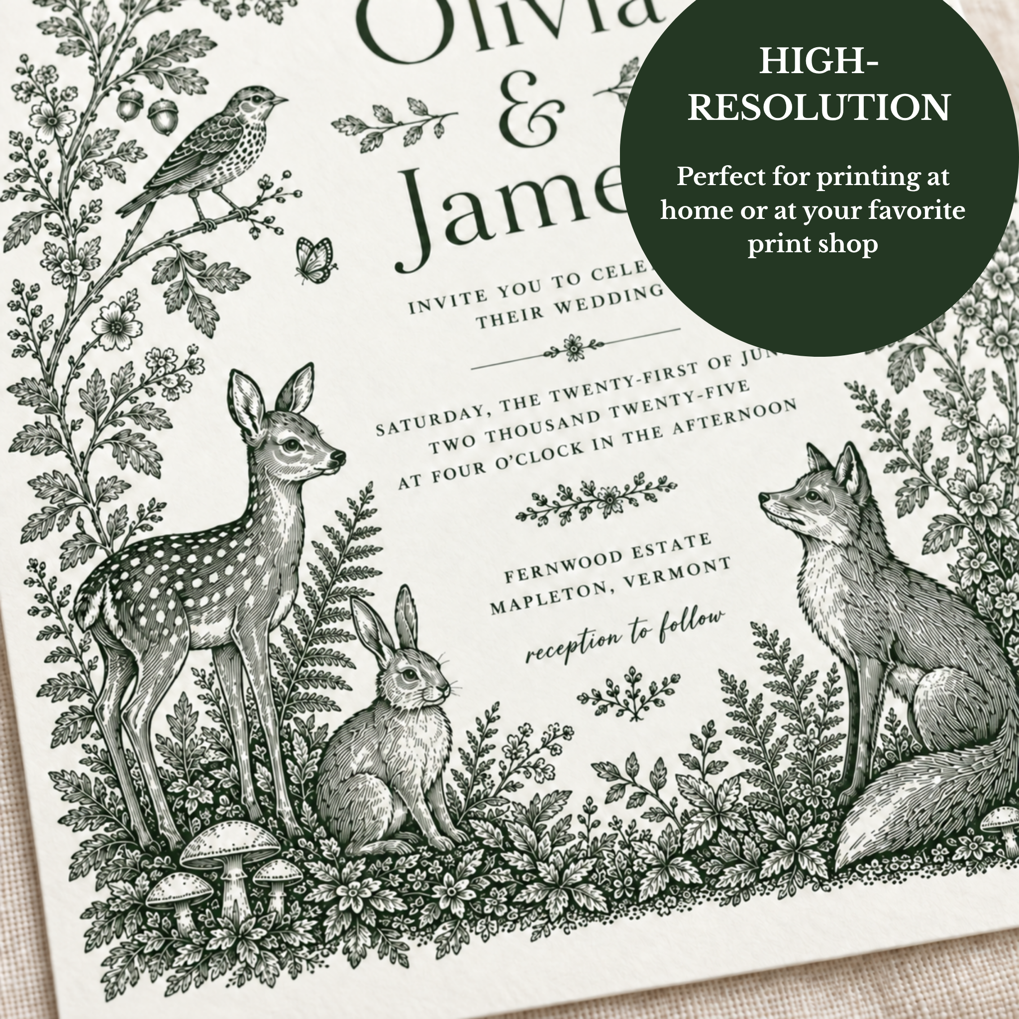 Close-up of a woodland wedding invitation with forest-green animal and botanical illustrations, featuring a high-resolution badge for home or print shop printing.