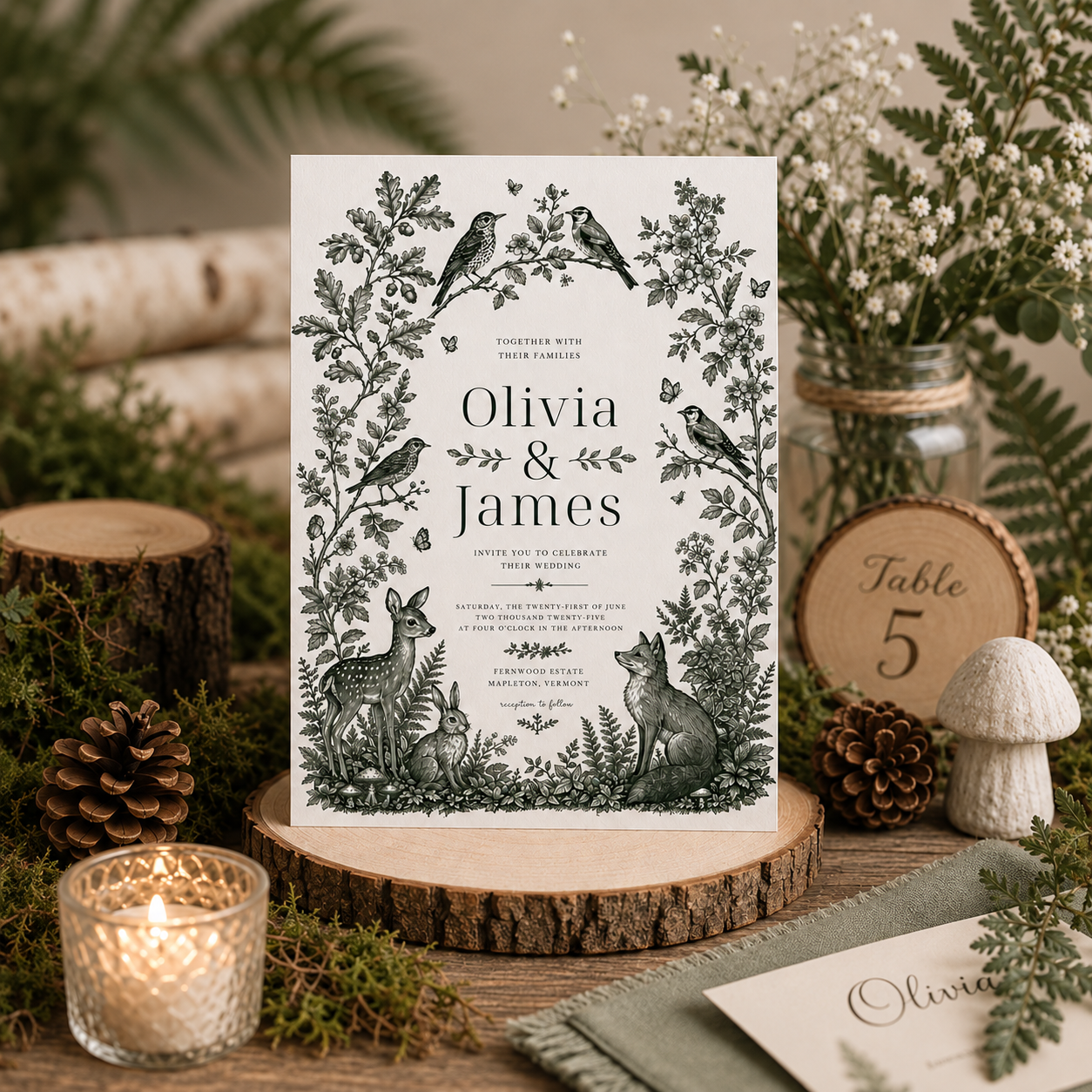 Woodland wedding invitation with green botanical illustrations and forest animals, displayed on a wood slice beside candles and flowers.