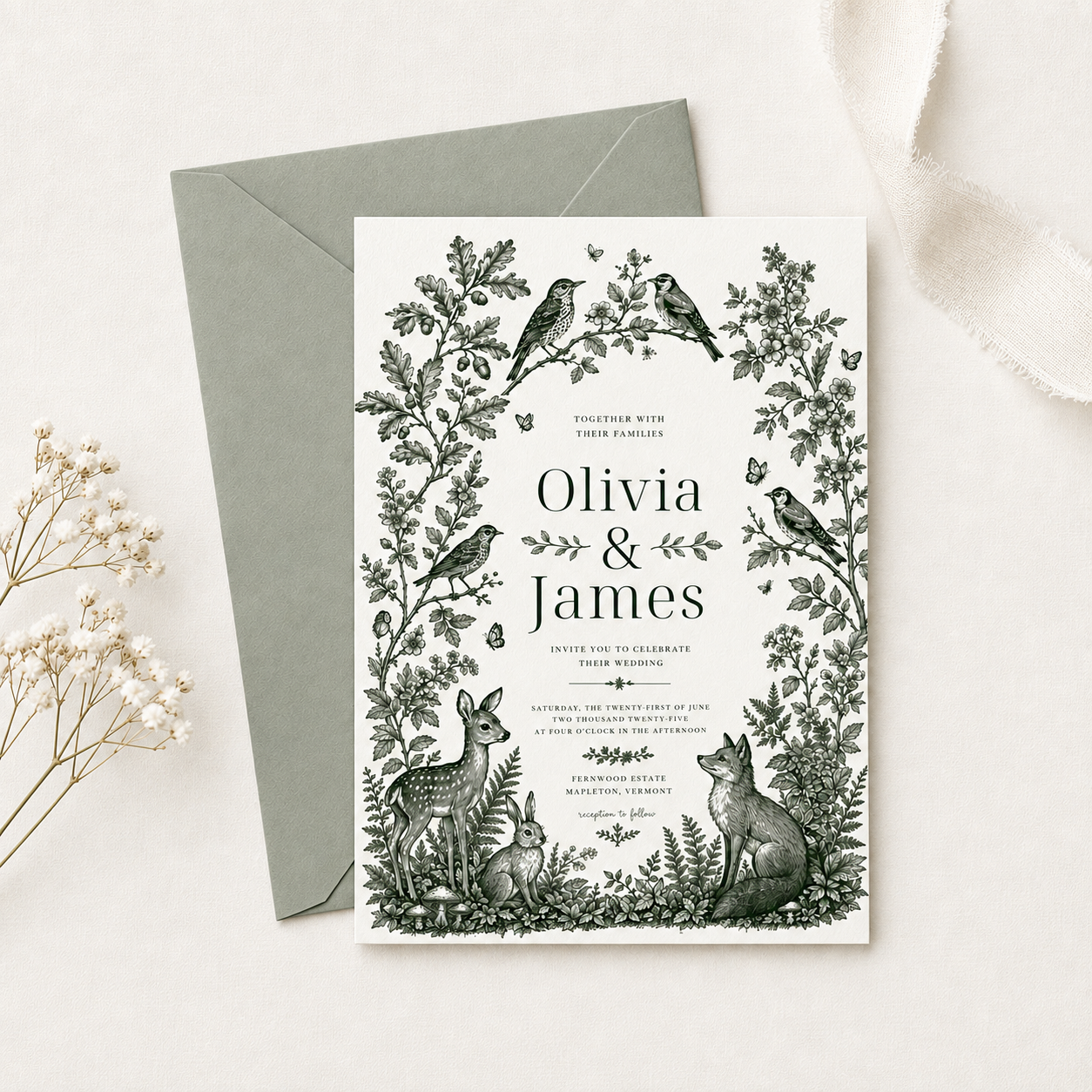 Ivory woodland wedding invitation with green forest animals and botanical details, arranged over a sage-green envelope.