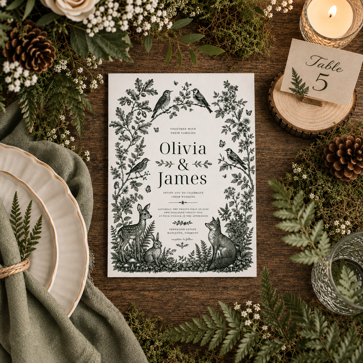 A styled flat-lay of a forest-themed wedding invitation card featuring black botanical and animal illustrations on a white background, surrounded by green ferns, pinecones, a candle, plates, and a table number card on a dark wood surface.
